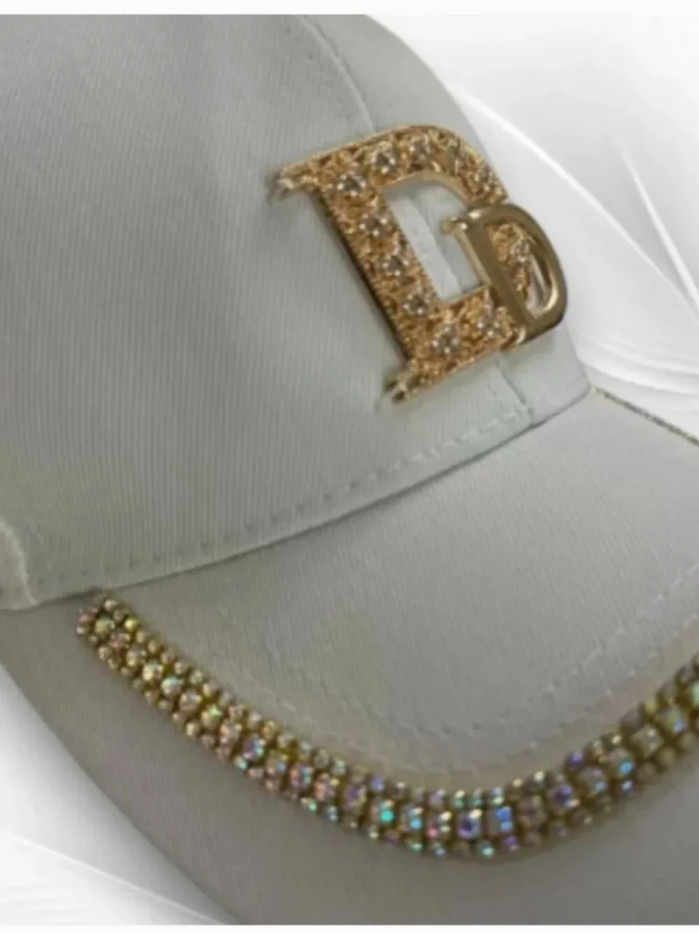 White Rhinestone Letter Logo Baseball Cap Gold Crystal Bling Adjustable Hat